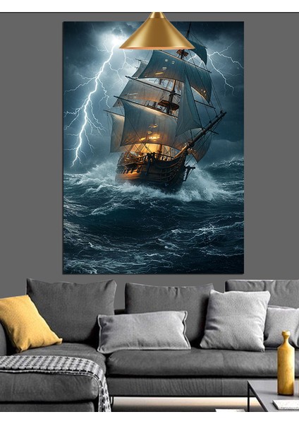 Fırtınalı Denizde Tehlikeli Yüzen Gemi Dekoratif Kanvas - Mdf Ahşap Tablo fırsatları
