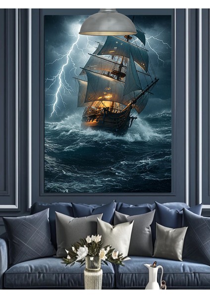 Fırtınalı Denizde Tehlikeli Yüzen Gemi Dekoratif Kanvas - Mdf Ahşap Tablo indirimleri