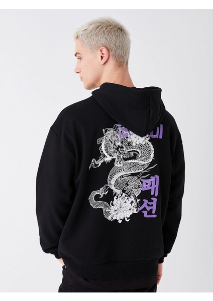 Xsıde Siyah Uzun Kollu Baskılı Erkek Kalın Hoodie