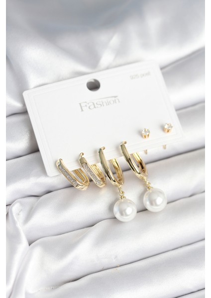 Pirinç Gold Renk Inci Detaylı 925 Ayar Gümüş Çivili Kadın Küpe Seti TG27BKP11259