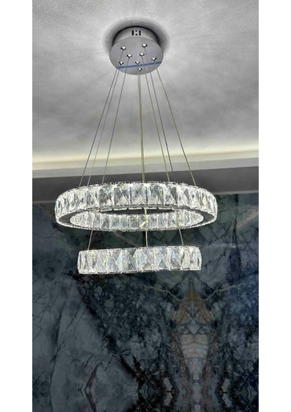 Modern Gümüş Sarkıt Kristal Taşlı Üç Renk LED Ikili Avize 30-40 cm fiyatları