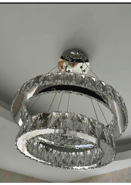 Modern Gümüş Sarkıt Kristal Taşlı Üç Renk LED Ikili Avize 30-40 cm indirimleri