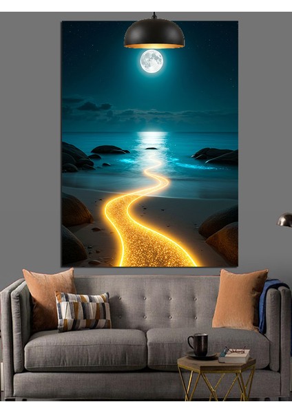 Ay Işığındaki Kumsal Manzarası Dekoratif Kanvas - Mdf Ahşap Tablo fiyatları