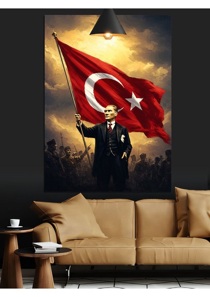 Türk Bayrağı Tutan Mustafa Kemal Atatürk Dekoratif Kanvas - Mdf Ahşap Tablo