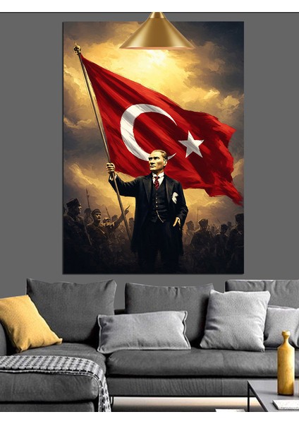 Türk Bayrağı Tutan Mustafa Kemal Atatürk Dekoratif Kanvas - Mdf Ahşap Tablo fiyatları