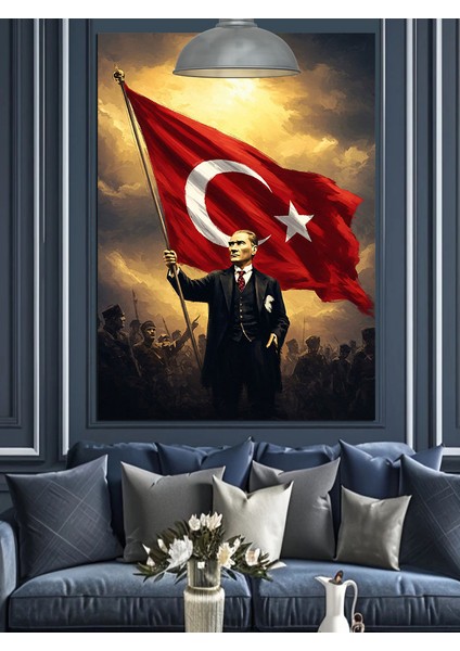 Türk Bayrağı Tutan Mustafa Kemal Atatürk Dekoratif Kanvas - Mdf Ahşap Tablo modelleri