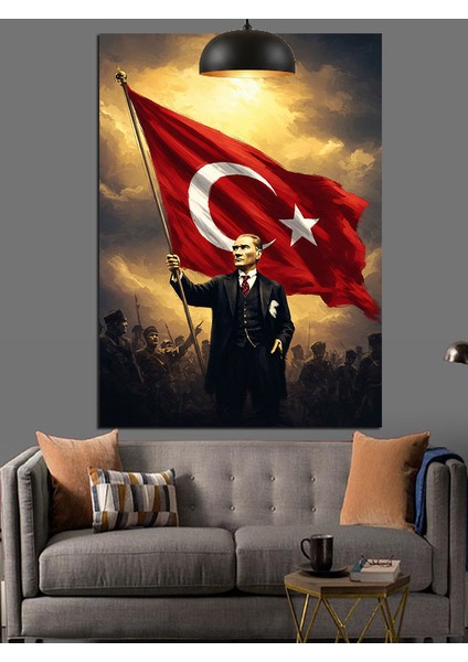 Türk Bayrağı Tutan Mustafa Kemal Atatürk Dekoratif Kanvas - Mdf Ahşap Tablo fırsatları