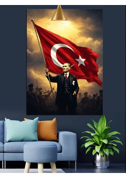 Türk Bayrağı Tutan Mustafa Kemal Atatürk Dekoratif Kanvas - Mdf Ahşap Tablo indirimleri
