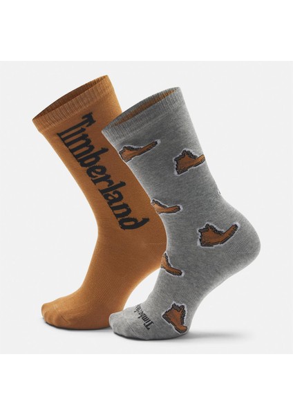 Hampshire 2 Pack Boot Print Crew Unisex Gri Çorap.-