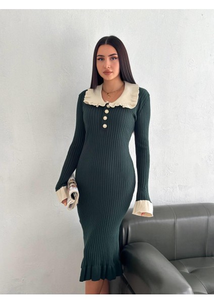 Fırfır Yaka Inci Düğmeli Uzun Kollu Triko Elbise fiyatları
