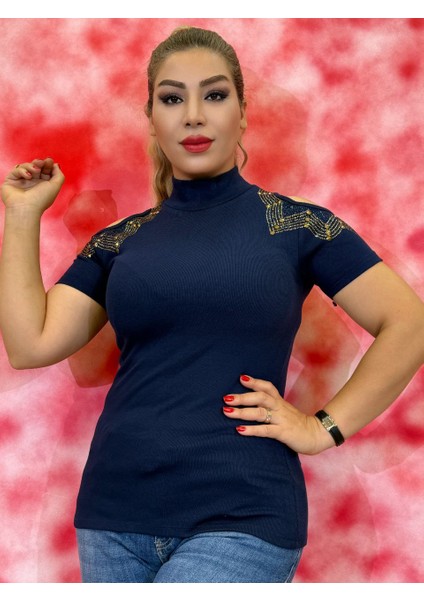 Bluz Kadın Taş Işlemeli Omuz Dekolteli Triko Bluz – Kısa Kollu, Şık ve Rahat Günlük Giyim