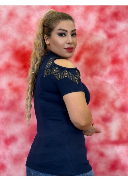 Bluz Kadın Taş Işlemeli Omuz Dekolteli Triko Bluz – Kısa Kollu, Şık ve Rahat Günlük Giyim fiyatları
