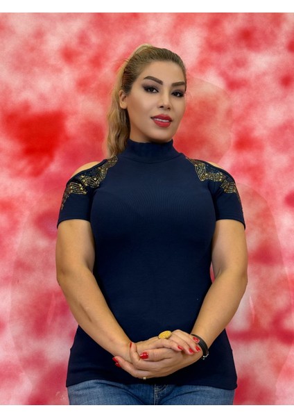 Bluz Kadın Taş Işlemeli Omuz Dekolteli Triko Bluz – Kısa Kollu, Şık ve Rahat Günlük Giyim modelleri