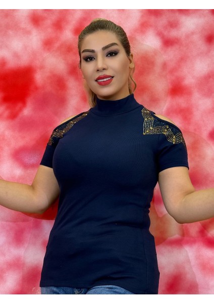 Bluz Kadın Taş Işlemeli Omuz Dekolteli Triko Bluz – Kısa Kollu, Şık ve Rahat Günlük Giyim indirimleri