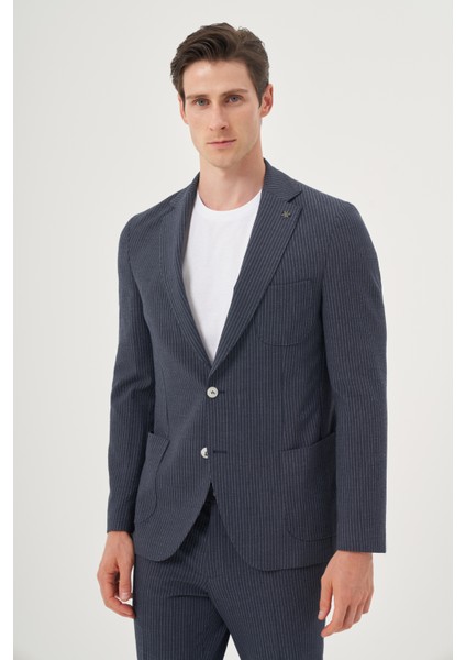 Erkek Lacivert Poliviskon Trend Çizgili Slim Fit Mono Yaka Takım Elbise