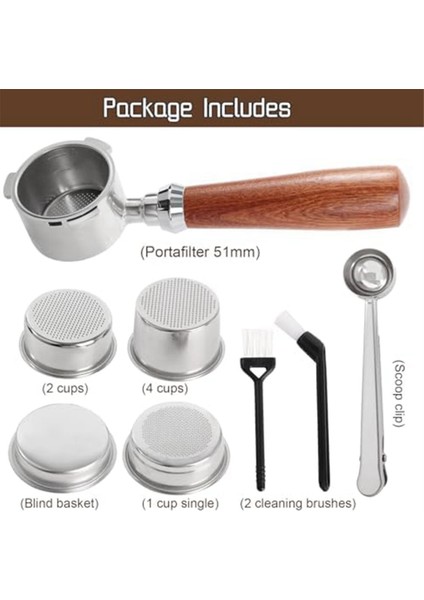 Portafilter 51MM Filtre Sepeti 1/2/4 Bardak, 51MM Portafilter Paslanmaz Çelik Espresso Filtre Sepeti Seti Ahşap Saplı (Yurt Dışından) modelleri