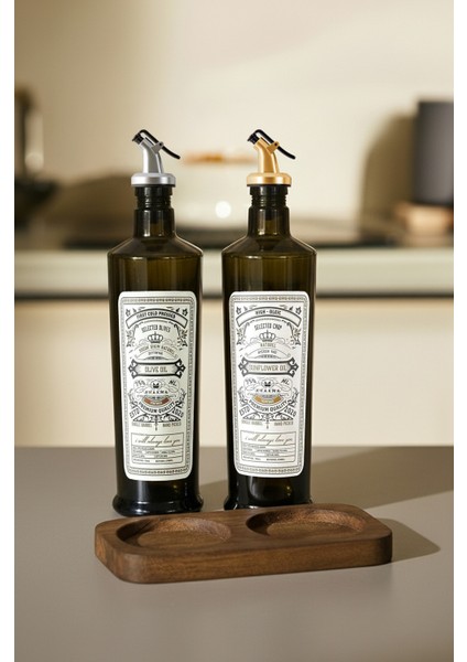 Vintage 750 ml Yağdanlık, Stantlı, Gümüş Başlık + Altın Başlık