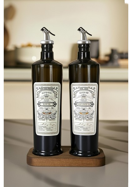 Vintage 750 ml Yağdanlık, Stantlı, Gümüş Başlık + Altın Başlık