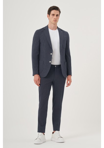 Erkek Lacivert Poliviskon Trend Çizgili Slim Fit Mono Yaka Takım Elbise fırsatları