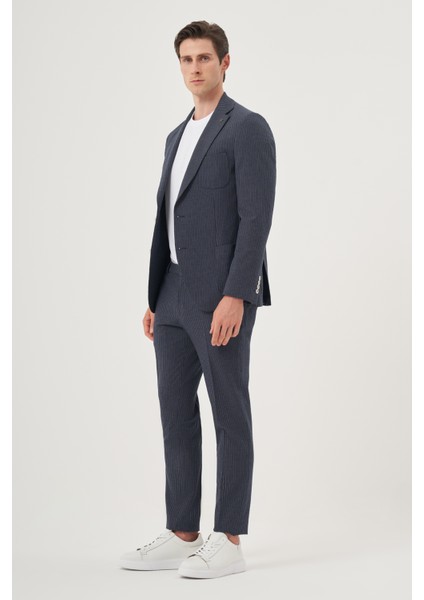 Erkek Lacivert Poliviskon Trend Çizgili Slim Fit Mono Yaka Takım Elbise indirimleri