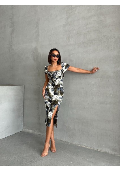 Baskılı Kısa Kol Vücuda Oturan Midi Elbise fiyatları