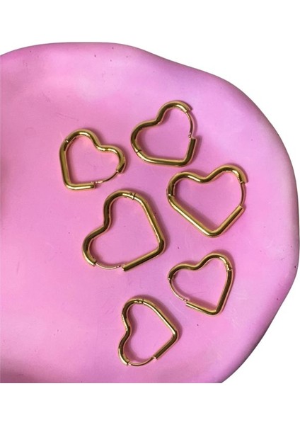 2575 6'lı Gold Renkli Kalpli Küpe 3 Boy 3 Çift Kombin Çoklu Küpe