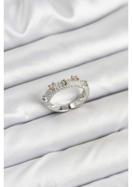 Pirinç Gümüş Renk Zirkon Taşlı Vintage Kadın Yüzük - Lisinya