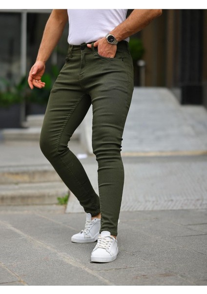 Erkek Jeans Slim Fit Likralı Denim Haki Kot Pantolon