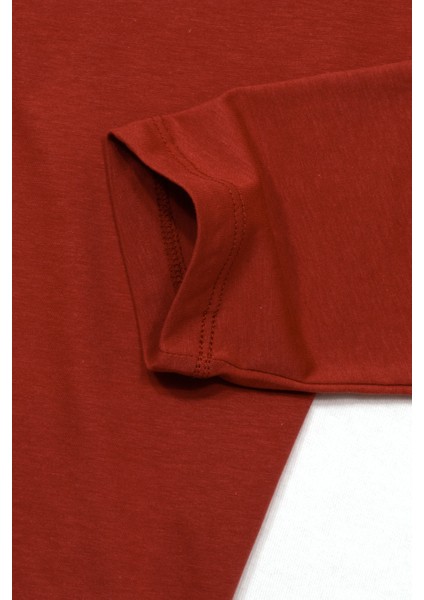 Erkek Colbert Uzun Kollu O Yaka Baskısız Dökümlü Penye T-Shirt Kiremit