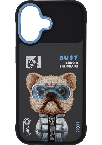 iPhone 17 Uyumlu 3D Gözlük Fermuar Rich Köpek Detaylı Nakış Işlemeli Kabartmalı Cool Cute Kılıf