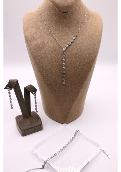 925 Ayar Gümüş Damla Kesim Model Ithal Zirkon Taşlı Kolye, Bileklik, Küpe, Düğün Takı Seti