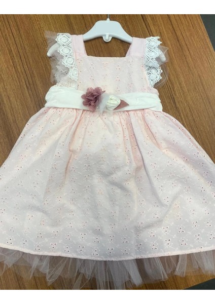 Yazlık Keten Kemerli Çiçek Aksesuarlı Bebe Kız Elbise