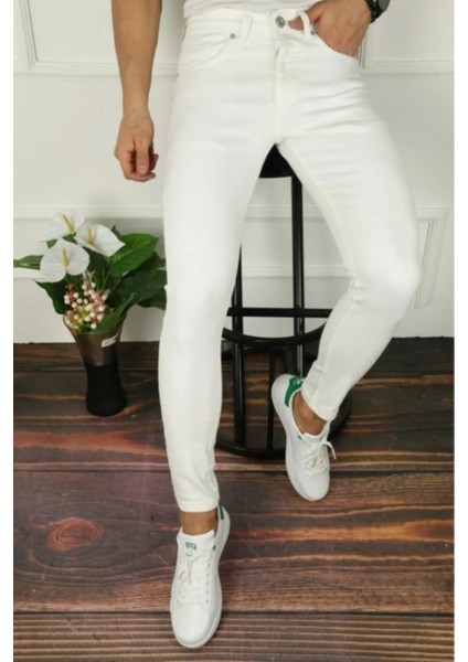 Erkek Jeans Slim Fit Likralı Denim Beyaz Kot Pantolon