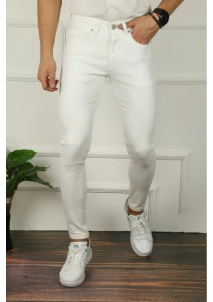 Erkek Jeans Slim Fit Likralı Denim Beyaz Kot Pantolon fiyatları