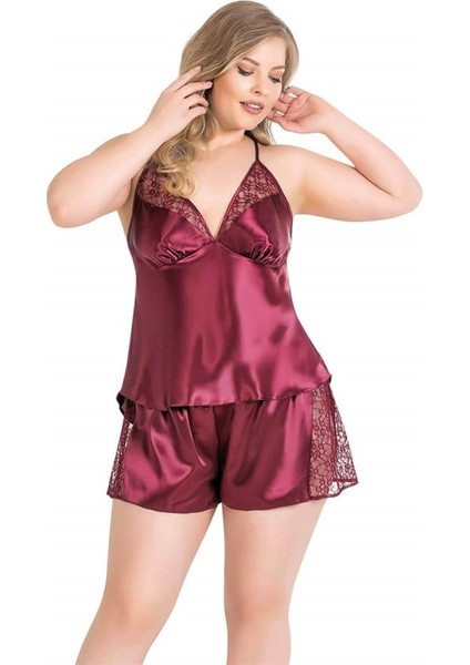Arias Closet Büyük Beden Bordo Saten Babydoll Şort Takımı
