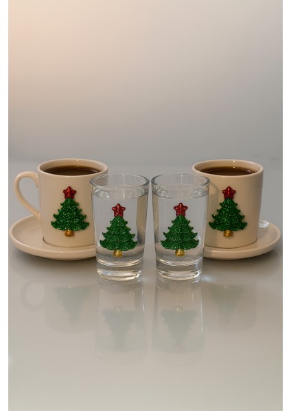 Çam Ağacı Aksesuarlı Kahve Yanı Su Bardaklı 2 Kişilik Kahve Sunum Seti