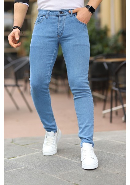 Erkek Jeans Slim Fit Likralı Denim Buz Mavi Kot Pantolon