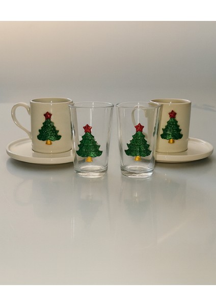 Çam Ağacı Aksesuarlı Kahve Yanı Su Bardaklı 2 Kişilik Kahve Sunum Seti modelleri