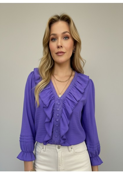 Kadın Mor Şık V Yaka Gömlek | Günlük & Ofis Kombini