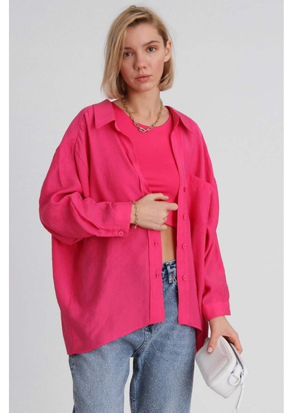 Kadın Fuşya Oversize Gömlek | Düşük Omuzlu Cep Detaylı | Rahat Kalıp