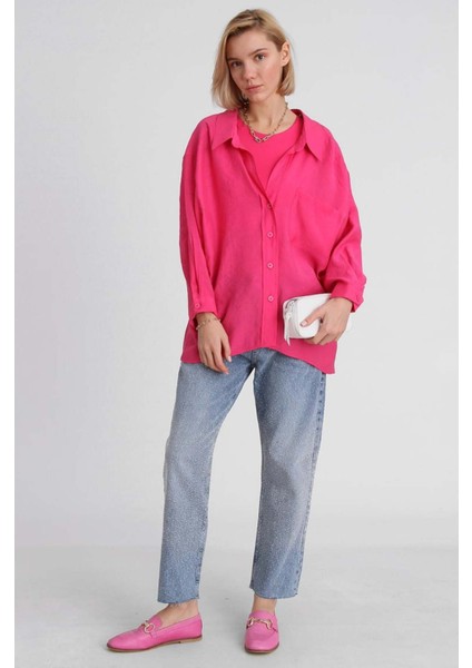 Kadın Fuşya Oversize Gömlek | Düşük Omuzlu Cep Detaylı | Rahat Kalıp fiyatları