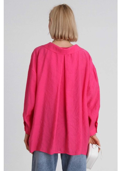 Kadın Fuşya Oversize Gömlek | Düşük Omuzlu Cep Detaylı | Rahat Kalıp modelleri
