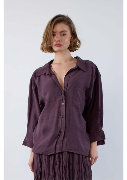 Kadın Mürdüm Oversize Gömlek | Düşük Omuzlu Cep Detaylı | Rahat Kalıp