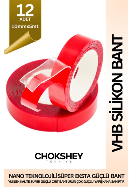 Çift Taraflı Vhb Şeffaf Silikon Band 50 kg Ekstra Güçlü Iç Dış Mekan Uyumlu 10MMX5M - 12 Adet