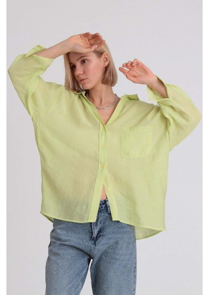 Kadın Neon Sarı Oversize Gömlek | Düşük Omuzlu Cep Detaylı | Rahat Kalıp