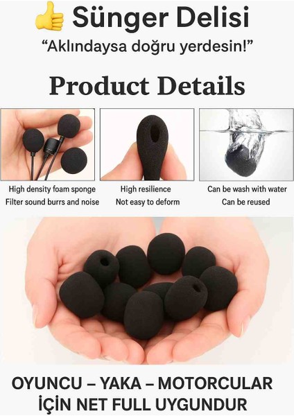 3 Adet Mikrofon Süngeri Seti Ruzgar ve Gurultu Onleyici Motosiklet Intercom Oyuncu Yaka Youtuber Uyumlu modelleri