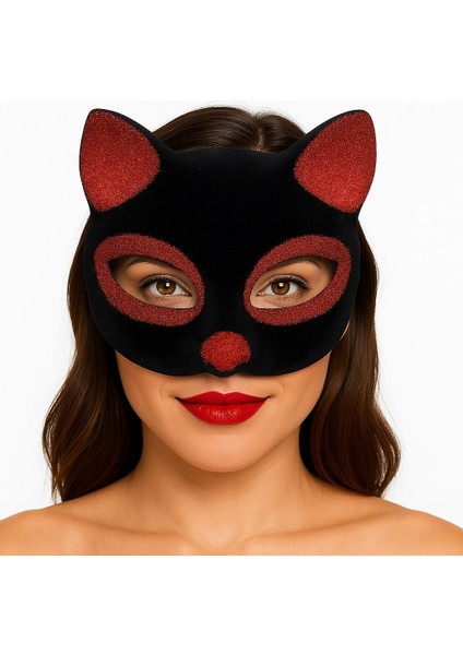 Zengezur Siyah Renk Kırmızı Simli Süet Kaplama Kedi Maskesi 18X14 cm
