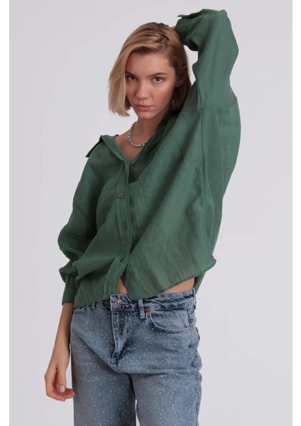 Kadın Zümrüt Oversize Gömlek | Düşük Omuzlu Cep Detaylı | Rahat Kalıp