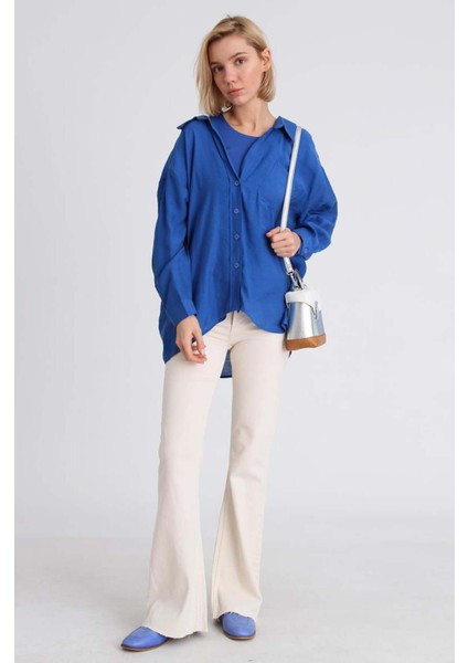 Kadın Lacivert Oversize Gömlek | Düşük Omuzlu Cep Detaylı | Rahat Kalıp