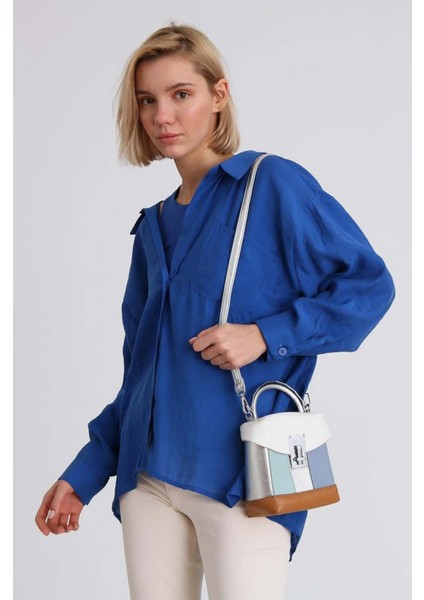 Kadın Lacivert Oversize Gömlek | Düşük Omuzlu Cep Detaylı | Rahat Kalıp fiyatları